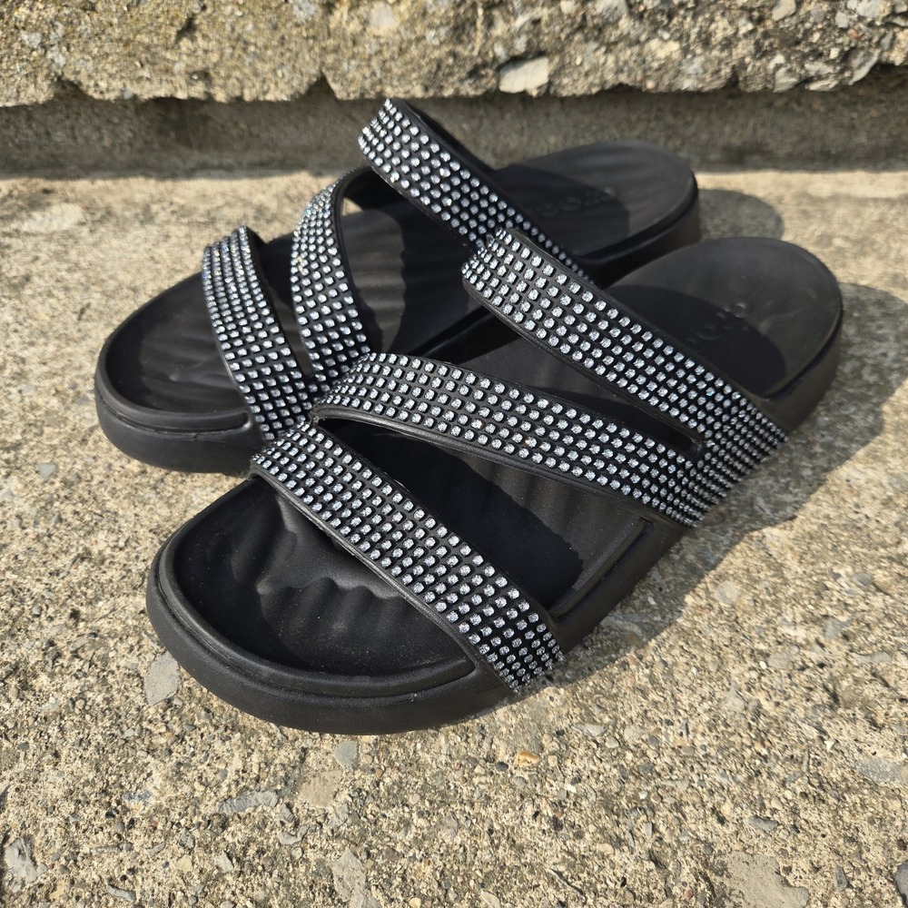Crocs Getaway Gems Strappy Black Rhinestone Slide Sandals Womens 9